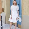 Houzhou Women's White Dress Autumn Elegant Vintage Kawaii Puff Sleeve Midi Square Collar Bandage Sundress Goth Outfits 220215