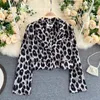 Höst Leopard Blus Kvinnor Vinter Långärmad Knapp Kontor Lady Notched Shirt Chic Fashion Vintage Print Tops 210419