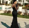 2021 Mermaid Black Lace Avondjurk Illusion Lange mouw Sheer Neck Floor Lengte Trompet Formele Gelegenheid Prom Party Gown Aangepast formaat