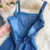 Women Spaghetti Strap Sleeveless Jeans Jumpsuit Summer Blue Denim Rompers High Waist with Pockets Back Zipper Sexy Outfits 210603