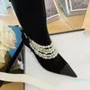 Diseñador Cadena de perlas para mujer Botas de tobillo negro Blanco Blanco Cuero genuino Tacón fino Mid-becerros Botines Damas Partido Zapato de baile de lujo