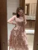 Casual Dresses Pink Lace Embroidery Maxi Dress Female Autumn Winter Full Sleeve High Waist Ruffle Elegant Long Party Woman