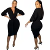 Elegante vrouwen lange mouw v-hals bodycon knielengte jurk chique dames sexy avondfeest mode outfits 210525