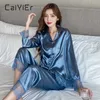 CAIYIER Sexy Satin Spitze Getrimmt Pyjama Set Herbst Frauen Langarm Seide Pyjamas Winter Casual Nachtwäsche Homewear 2Pcs Nachtwäsche q0706