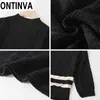 Half Sleeve Black Autumn Winter Sweater Dress O Neck Knitted Jumper with Pocket Beading Ladies Retro Stripe Knitwear Dresses 210527