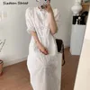 ホワイトソリッドビンテージ夏のドレス女性服O-ネック中空アウトエレガントな診療所シックな韓国の緩いロングドレス210603