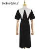 Hit Color Casual Dress for Women Sailor Collar Puff Short Sleeve Hög midja Lace Up Midi Dresses Kvinna Sommar 210520