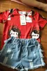 Meninas Conjunto de roupas O-Neck Sem Mangas Verão 2-10 Anos Crianças Menina Red Cartoon T Camiseta + Denim Jeans Shorts 2 Pcs Terno 210529