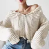 Jocoo Jolee Vintage solide creux gland culture tricoté manteau femmes à manches longues pull à capuche cardigan chauve-souris fermeture éclair vêtements d'extérieur 210518