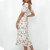 Leaf Print White Summer Long Dress Women Slit Vintage Maxi Beach Holiday Puff Sleeve Clothing 210427