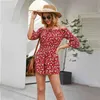 Foridol Boho Summer Rompers Women Jumpsuit Floral Print Off Shoulder Playsuit Casual Wide Leg Beach Rompers Red Overalls 210415
