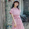 Japanese Mori Girl Sweet Summer Mini Dress Preppy Style Women Short Sleeve Plaid Dresses Belt Female Cute Vestidos 210520
