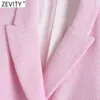 Frauen Süße Zweireiher Kerbkragen Rosa Tweed Woll Kurzer Blazer Mantel Vintage Weibliche Oberbekleidung Chic Tops CT681 210420
