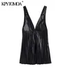 Women Fashion Faux Leather Pleated Mini Pinafore Skirt V Neck Wide Adjustable Straps Female Skirts Mujer 210420