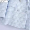 Femmes élégant motif à carreaux Tweed laine Blazer manteau bureau dame Double boutonnage costumes femme Chic boutons hauts CT711 210420