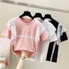 T-shirt à manches courtes femmes haut col rond blanc Sexy dentelle Patchwork été coton T-shirt femmes T-shirt Femme rose rouge 210604