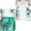 Mode Designer Zoo Pak Zomer Dames Korte Mouw Zak Shirt Top + Dierlijke Print Groen A-Lijn Mini Rok 2 Stuk Set 210416