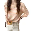 Kvinnors T-shirt Koreansk Fashion Striped T-shirt Höst Långärmad Top Loose Casual Bomull Kvinna Blå Orange