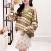 Dra tröjor för kvinnor v nacke ihåliga söta överdimensionerade hoppare Lös stil Koreansk Femme Hiver Sweater 210430