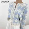 重工業刺繍の花Oネック長袖シングルブレストニットカーディガンセーターコート女性ブルーニットトップ210601