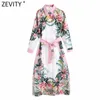 Zeefity Dames Vintage Positie Floral Print Robe Midi Jurk Vrouwelijke Lange Mouw Boog Sjerpen Vestido Chic Retro Kleding DS8359 210806
