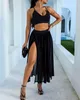 Summer Women 2 Pcs Crop Top & Maxi Skirt Set New Sexy Femme Sleeveless Vest & Transparent High Slit Sheer Mesh Dress Suits 210415