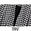 TRAF Mujeres Moda Tweed Houndstooth Blazer Abrigo Vintage Manga larga Welt Bolsillos Mujer Outerwear Chic Veste 211006