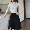 Frauen Solide Sport Mittlere Länge Shorts Hohe Taille Breite Bein Hosen Weibliche Casual Sommer Outfit Elastisch Mit Taschen 210514