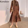 Korobov New Chic Summer Dress Korean Flower Print High Waist Dresses Beach Style Long Sleeve Chiffon Robe Femem 2a786 210430