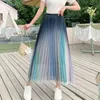 Sommar lång tulle kjol kvinnor koreanska stil gradient färg mesh hög midja estetisk midi pläterad kvinna 210421