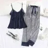 Pijamas para mulheres Sexy Lace Seda Silk Sleepwear Tops + Calças Ternos Noturais V-Neck Pijama Mujer Solto Lounge Início Roupas 210330