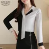 Корейский свободный плюс размер серая блузка осень стиль с длинным рукавом шифоновая рубашка женщины V шеи женская одежда 10753 210417