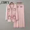 JXMYY Tidig Autumn Long-Sleeve Knit Suit Lace-Up Midjan Mid-Längd V-Neck Cardigan + Wide Ben Pants Two-Piece Female 211101