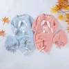 Otoño Invierno Bebé Niños Niñas Conejo Mamelucos + Sombrero Ropa Niños Niño Niña Niños Tejer Manga Larga 210429