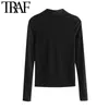 TRAF Women Fashion With Ribbed Trims Knitted Blouses Vintage Long Sleeve Button-up Female Shirts Blusas Chic Tops 210415