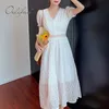 Summer Vintage Women Party Midi Short Sleeve White Lace Vocation Tunic Sexy Beach Dress 210415