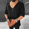 Höst Casual Strikkad tröja för män Half Sleeve V-Neck Solid Jumpers Tops Fashion Slim Fit Sweaters Mens Streetwear 210909