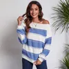 European American new Women's Knits & Tees blue Slash Neck Striped matching long sleeve knitted sweater loose autumn winter clothing