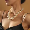 Luxury Female White Big Pearl Choker Necklaces For Women Fashion Gold Color Metal Hollow Ball Beads Necklace Party Wedding Jewelry Gift