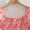 Women Sweet Red Floral Print Elastic Pleats Mini Dress Female Chic Summer Ruffles Casual Slim Party Vestido DS8235 210416