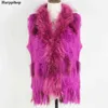 Harppihop womens natural real rabbit fur vest with raccoon fur collar waistcoat/jackets rex rabbit knitted winte 211110