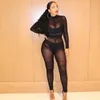 Women's Jumpsuits & Rompers Erotic Sexy Bodysuits Woman Mesh Perspective Long Sleeve Jumpsuit Black Skinny Clubwear Bodycon Romper Clothing