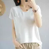 夏のカジュアルな半袖Tシャツの女性VネックルーズソリッドニットTシャツの女性の薄いプラスサイズのティーシャツBlusas 14648 210528