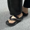 Meotina Flip Flop Kapcie Damskie Buty Prawdziwej Skórzane Sandały Kliny Med Heel Slajdy Square Toe Obuwie Letni Beige 41 210608