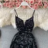 Sexig Slim Bodycorn Dress Koreanska Spaghetti Strap Split Side Sequined Glitter Dresses Summer Party Night Club Vestidos 210519