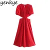 ファッション女性セクシーな中空アウト赤いドレス女性oネックパフスリーブAライン夏のパーティードレスシックなMidi Vestido 210430