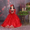 Vestidos de encaje rojo para niñas con flores para boda, ropa de primera comunión, fiesta de graduación, vestido de princesa, vestido de fiesta para desfile