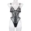 Kvinnors Svart Floral Lace Mesh Transparent Sexig Bodysuit Hollow Out Spaghetti Strap Kvinna Push Up Backless Clubwear Bodysuits Jumpsuits R