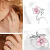 Womens Rings Crystal Silver Sweet Blossom Ring Drop Flower Pink Diamond Cherry Lady Cluster Styles Band