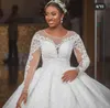 Luxury Plus Storlek Bröllopsklänningar African Aso Ebi Beading Bridal Gowns Långärmad Crystal Lace Appliqued Sequined Vestidos de Novia